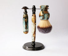 Load image into Gallery viewer, Buckeye Burl Shave Set with 'Travel to Jupiter'( pearl)Resin safety razor, 26mm lather brush and a matching shave stand.