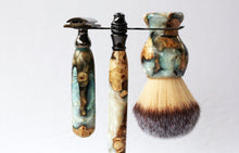 Load image into Gallery viewer, Buckeye Burl Shave Set with 'Travel to Jupiter'( pearl)Resin safety razor, 26mm lather brush and a matching shave stand.
