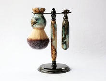 Load image into Gallery viewer, Buckeye Burl Shave Set with 'Travel to Jupiter'( pearl)Resin safety razor, 26mm lather brush and a matching shave stand.