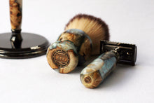 Load image into Gallery viewer, Buckeye Burl Shave Set with 'Travel to Jupiter'( pearl)Resin safety razor, 26mm lather brush and a matching shave stand.