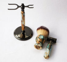 Load image into Gallery viewer, Buckeye Burl Shave Set with 'Travel to Jupiter'( pearl)Resin safety razor, 26mm lather brush and a matching shave stand.