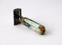 Load image into Gallery viewer, Buckeye Burl Shave Set with 'Travel to Jupiter'( pearl)Resin safety razor, 26mm lather brush and a matching shave stand.