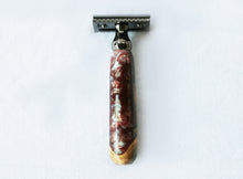 Load image into Gallery viewer, Buckeye Burl Shave Set with 'Chameleon' Resin safety razor, 26mm lather brush and a matching shave stand.