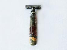 Load image into Gallery viewer, Buckeye Burl Shave Set with 'Chameleon' Resin safety razor, 26mm lather brush and a matching shave stand.