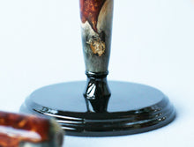 Load image into Gallery viewer, Buckeye Burl Shave Set with Gold and red swirl  Resin safety razor, 26mm lather brush and a matching shave stand.
