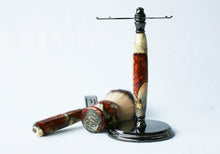 Load image into Gallery viewer, Buckeye Burl Shave Set with Gold and red swirl  Resin safety razor, 26mm lather brush and a matching shave stand.