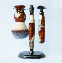 Load image into Gallery viewer, Buckeye Burl Shave Set with Gold and red swirl  Resin safety razor, 26mm lather brush and a matching shave stand.
