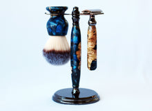 Load image into Gallery viewer, Buckeye Burl Shave Set with Dark Blue Resin, safety razor, 26mm lather brush and a matching shave stand.
