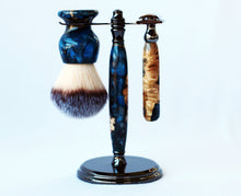 Load image into Gallery viewer, Buckeye Burl Shave Set with Dark Blue Resin, safety razor, 26mm lather brush and a matching shave stand.
