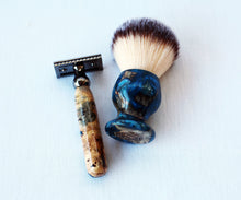 Load image into Gallery viewer, Buckeye Burl Shave Set with Dark Blue Resin, safety razor, 26mm lather brush and a matching shave stand.
