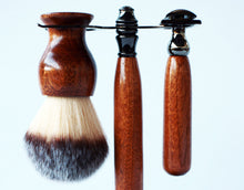 Load image into Gallery viewer, Mahogany Shave Set with Gunmetal safety razor, 26mm lather brush and a matching shave stand.
