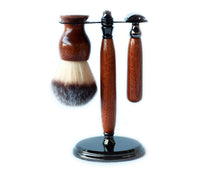 Load image into Gallery viewer, Mahogany Shave Set with Gunmetal safety razor, 26mm lather brush and a matching shave stand.
