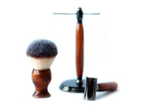 Load image into Gallery viewer, Mahogany Shave Set with Gunmetal safety razor, 26mm lather brush and a matching shave stand.
