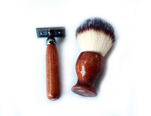 Load image into Gallery viewer, Mahogany Shave Set with Gunmetal safety razor, 26mm lather brush and a matching shave stand.
