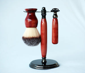 Aromatic Red Cedar Shave Set, safety razor, 26mm lather brush and a matching shave stand.