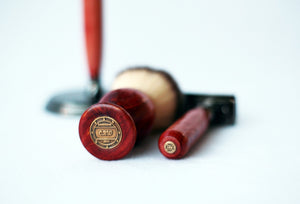 Aromatic Red Cedar Shave Set, safety razor, 26mm lather brush and a matching shave stand.