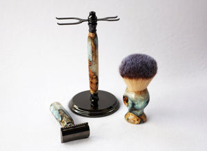 Buckeye Burl Shave Set with 'Travel to Jupiter'( pearl)Resin safety razor, 26mm lather brush and a matching shave stand.