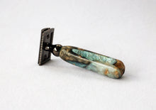 Load image into Gallery viewer, Buckeye Burl Shave Set with &#39;Travel to Jupiter&#39;( pearl)Resin safety razor, 26mm lather brush and a matching shave stand.
