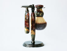 Load image into Gallery viewer, Buckeye Burl Shave Set with &#39;Chameleon&#39; Resin safety razor, 26mm lather brush and a matching shave stand.
