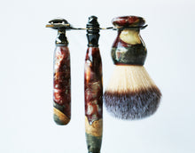 Load image into Gallery viewer, Buckeye Burl Shave Set with &#39;Chameleon&#39; Resin safety razor, 26mm lather brush and a matching shave stand.
