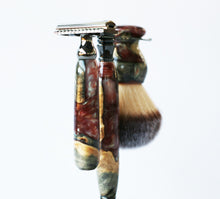 Load image into Gallery viewer, Buckeye Burl Shave Set with &#39;Chameleon&#39; Resin safety razor, 26mm lather brush and a matching shave stand.
