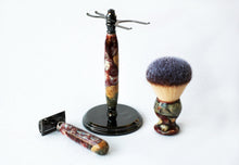 Load image into Gallery viewer, Buckeye Burl Shave Set with &#39;Chameleon&#39; Resin safety razor, 26mm lather brush and a matching shave stand.
