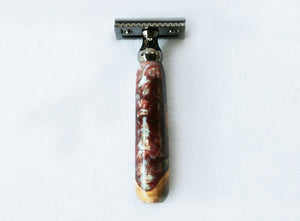 Buckeye Burl Shave Set with 'Chameleon' Resin safety razor, 26mm lather brush and a matching shave stand.