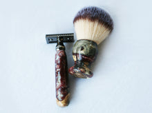 Load image into Gallery viewer, Buckeye Burl Shave Set with &#39;Chameleon&#39; Resin safety razor, 26mm lather brush and a matching shave stand.
