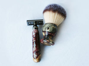 Buckeye Burl Shave Set with 'Chameleon' Resin safety razor, 26mm lather brush and a matching shave stand.