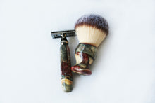 Load image into Gallery viewer, Buckeye Burl Shave Set with &#39;Chameleon&#39; Resin safety razor, 26mm lather brush and a matching shave stand.
