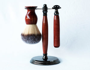 Aromatic Red Cedar Shave Set, safety razor, 26mm lather brush and a matching shave stand.