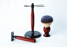 Load image into Gallery viewer, Aromatic Red Cedar Shave Set, safety razor, 26mm lather brush and a matching shave stand.
