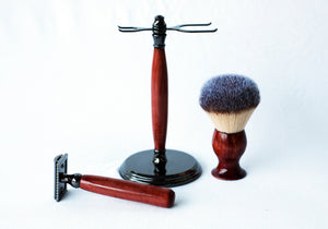 Aromatic Red Cedar Shave Set, safety razor, 26mm lather brush and a matching shave stand.