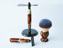 Load image into Gallery viewer, Buckeye Burl Shave Set with Gold and red swirl  Resin safety razor, 26mm lather brush and a matching shave stand.
