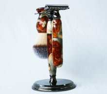 Load image into Gallery viewer, Buckeye Burl Shave Set with Gold and red swirl  Resin safety razor, 26mm lather brush and a matching shave stand.
