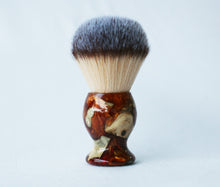 Load image into Gallery viewer, Buckeye Burl Shave Set with Gold and red swirl  Resin safety razor, 26mm lather brush and a matching shave stand.
