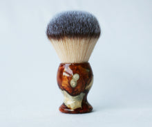 Load image into Gallery viewer, Buckeye Burl Shave Set with Gold and red swirl  Resin safety razor, 26mm lather brush and a matching shave stand.
