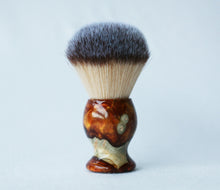 Load image into Gallery viewer, Buckeye Burl Shave Set with Gold and red swirl  Resin safety razor, 26mm lather brush and a matching shave stand.
